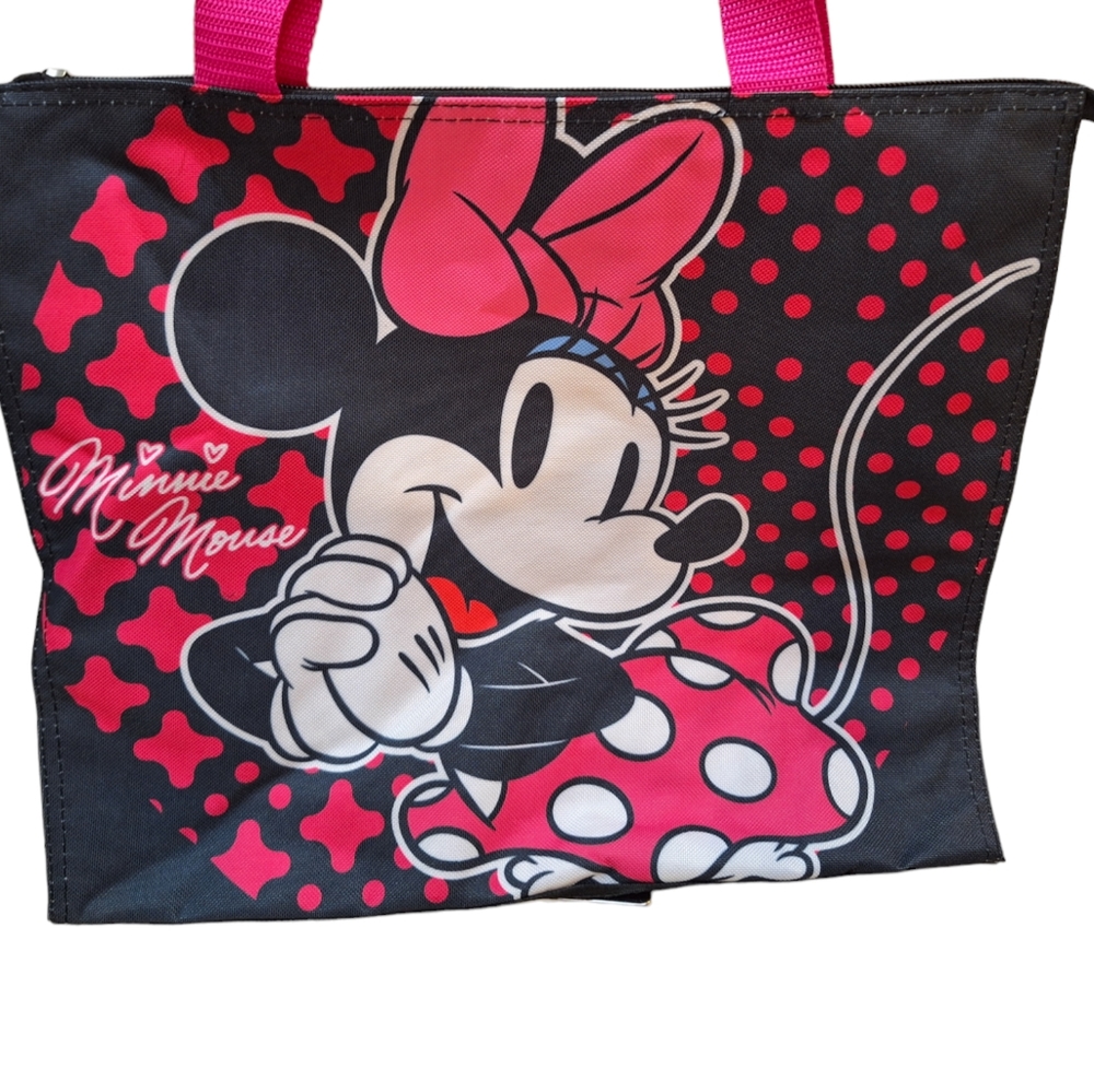 Disney Minnie Mouse Hot Pink & Black Zippered Tote Bag NEW